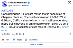 IPL 2024: Ahead of CSK vs RCB Chennai metro extends timing  